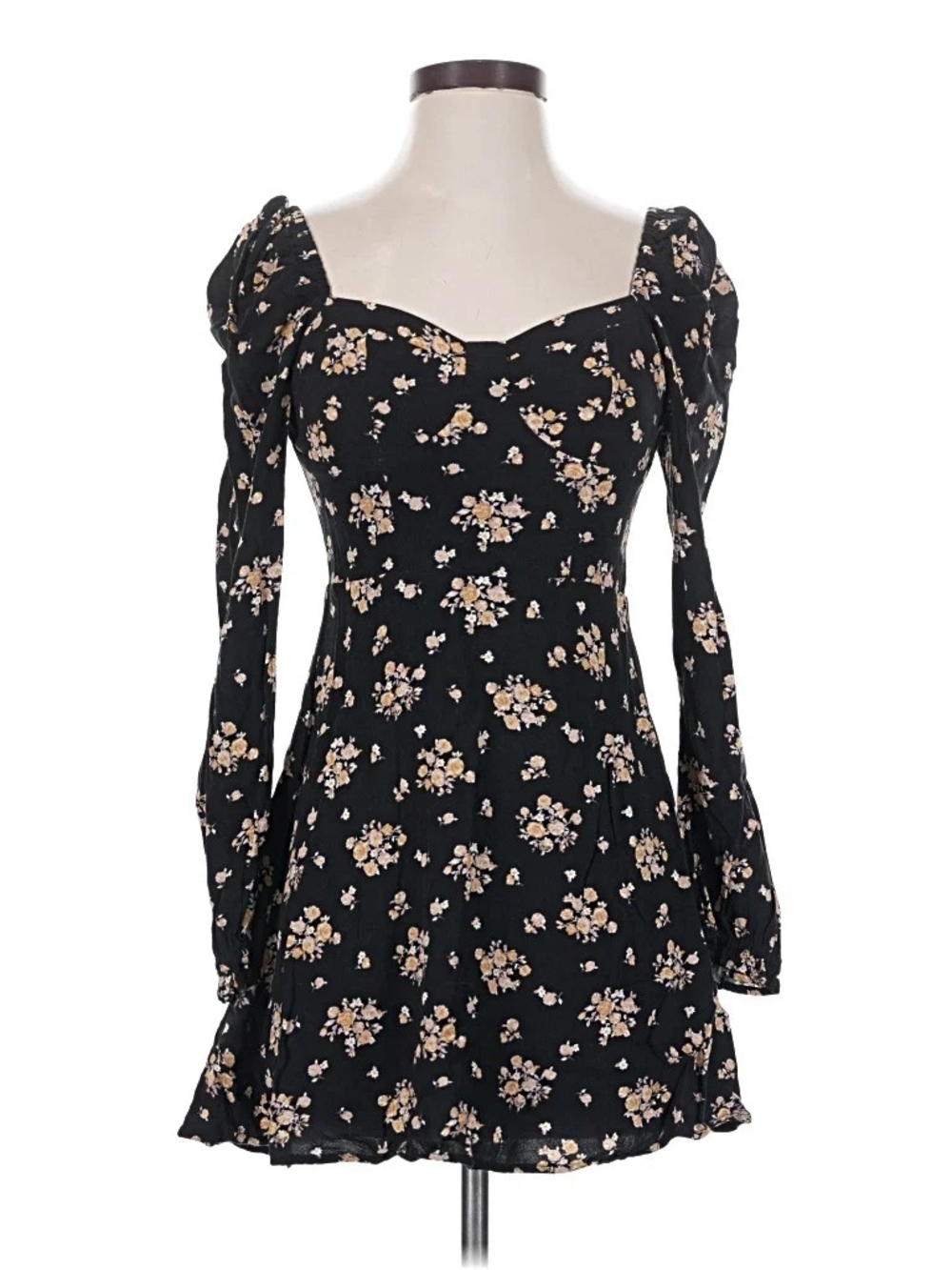 Altar'd State Black Floral Sweetheart Long Sleeve Mini Dress